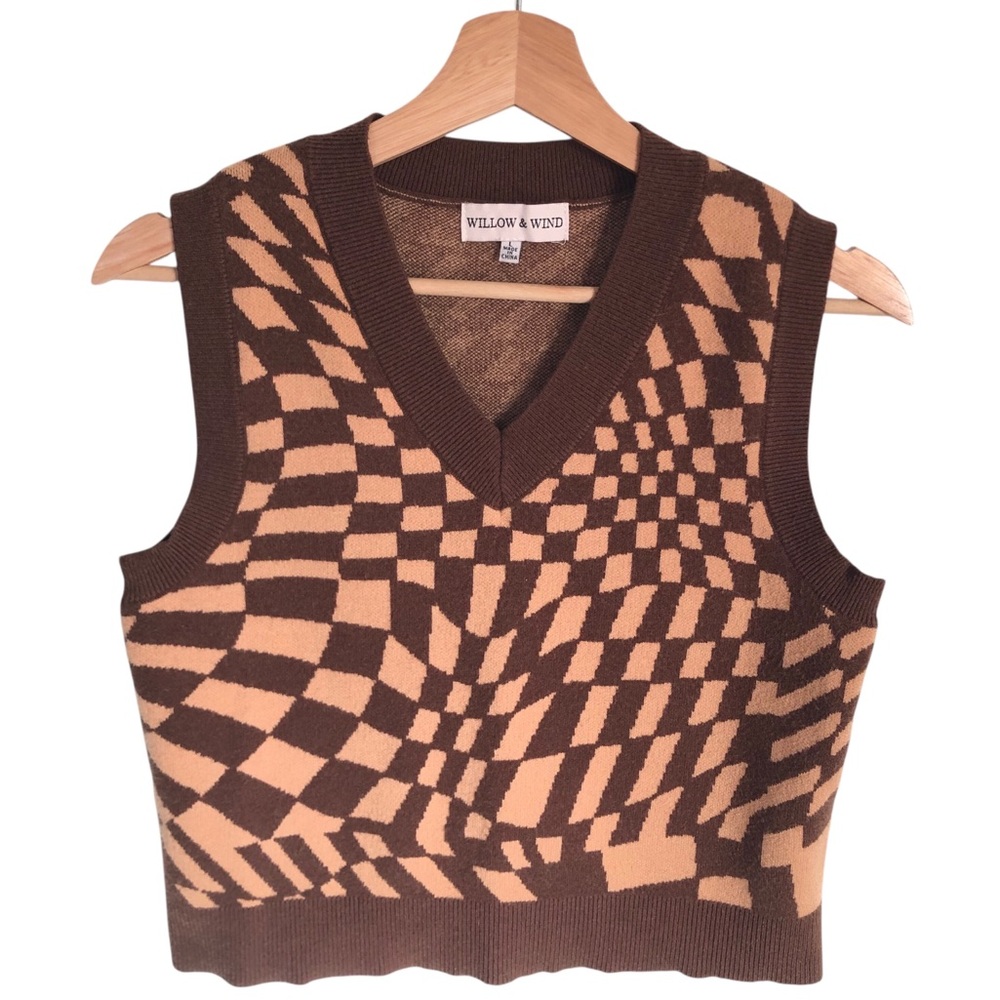 WILLOW & WIND Brown Mod Wavy Checkered Optical Print V-Neck Sweater Vest Large
